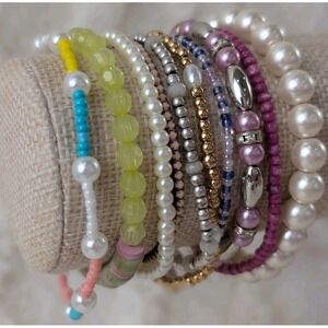 Pearl & Beaded Bracelet Lot – Glass, Faux Pearl, Gold & Pink Stack